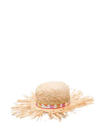 Pucci Emilio  Round Straw Hat With Elegant Ribbon Band In Sand
