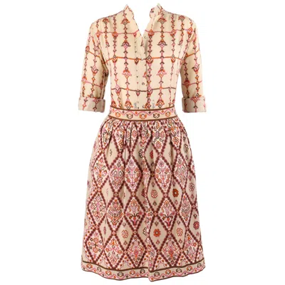 Pre-owned Pucci Emilio  Signature Print Shirt Blouse Gathered Skirt Dress Set, Circa 1950s In Sand