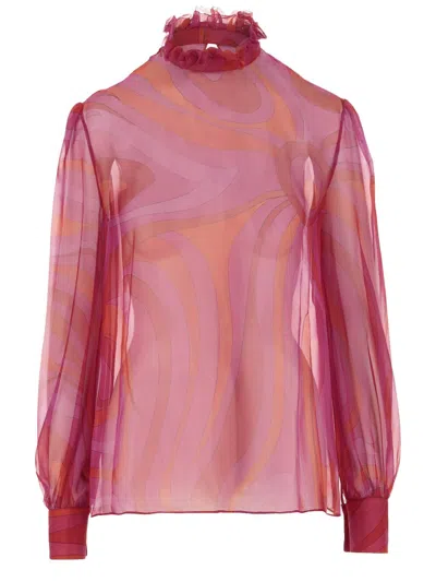 Pucci Emilio  Silk Chiffon Blouse With Marble Print In Multi
