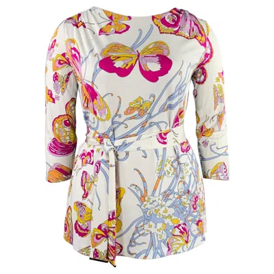 Pre-owned Pucci Emilio  Size 12 White Pink Butterflies 3/4 Sleeves Casual Top