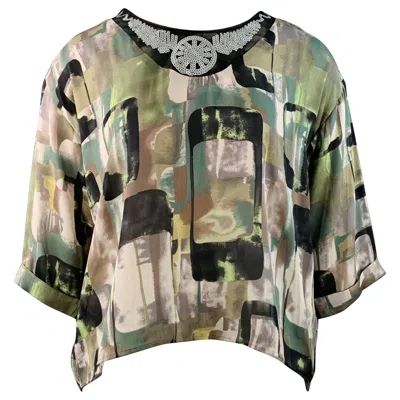 Pre-owned Pucci Emilio  Size L Green Black Silk Graphic Sequined Cuffed Blouse