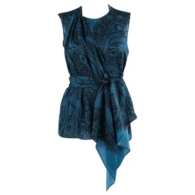 Pre-owned Pucci Emilio  Teal Black Lace Print Sleeveless Silk Wrap Style Blouse Scarf Belt In Green