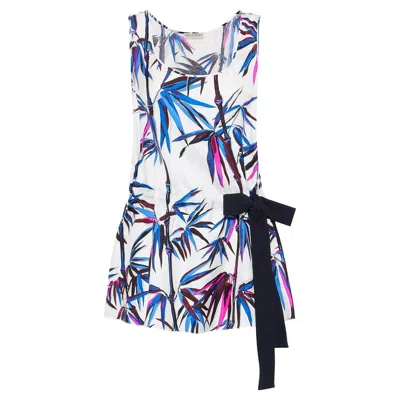 Pre-owned Pucci Emilio  Tropical Bamboo Signature Print Silk Twill Top Blouse Bowtie 38 In Gray