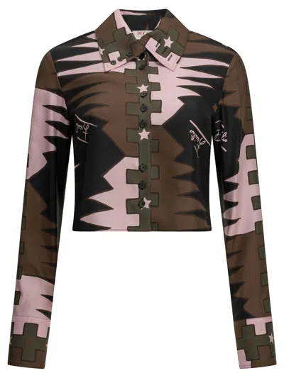 Pucci Khaki And Pink Valdimontone-print Silk Twill Cropped Shirt In Red
