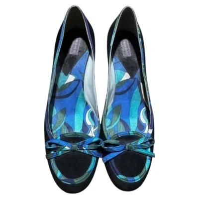 Pre-owned Pucci Emilio  Velvet Kitten Heel Pumps Blue Print Size 38.5