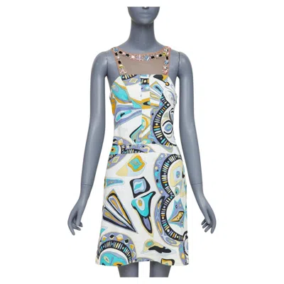 Pre-owned Pucci Emilio  Vintage Rhinestone Mesh Collar Signature Graphic Print Dress It40 M In Gray