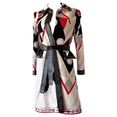 Pre-owned Pucci Emilio  Vintage Runway F/w 2003 Abstract Wool & Leather Belted Coat Dress In Gray