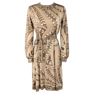 Pre-owned Pucci Emilio  Vintage Size 8 Taupe Print Silk Long Sleeve Shift Dress In Brown