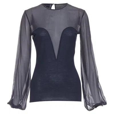 Pucci Emilio  Virgin Wool Silk Trim Contour Sheer Billow Blouse In Blue