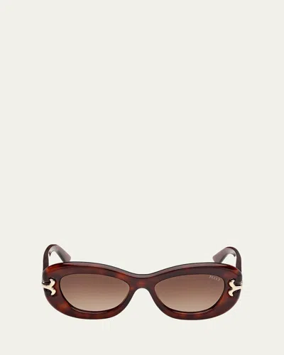 Pucci Filigree Acetate Oval Sunglasses In Blonde Havana/gradient Brown