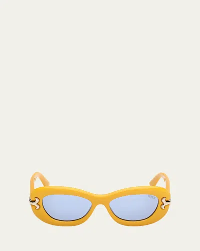 Pucci Filigree Acetate Oval Sunglasses In Shiny Yellow/blue
