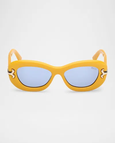 Pucci Filigree Acetate Oval Sunglasses In Shiny Yellow/blue