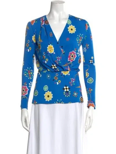 Pre-owned Pucci Floral Print V-neck Blouse In Blue