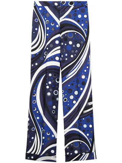 Pucci Fontane-print Silk Trousers In Blue