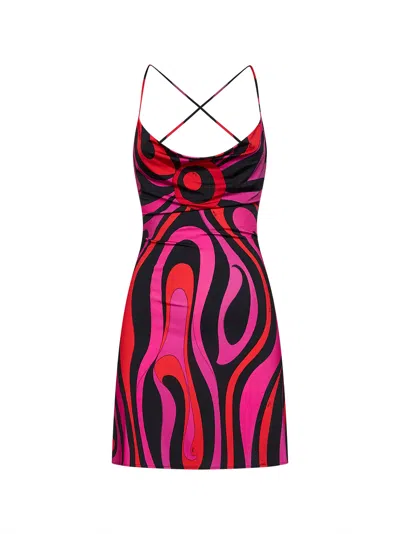 Pucci Fuchsia And Black Marmo-print Jersey Satin Mini Dress In Multi