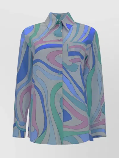 Pucci Geometric Print Cotton Shirt In Blue