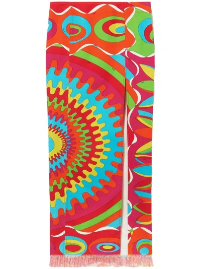 Pucci Geometric Print Frayed Maxi Skirt In Red