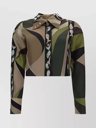 Pucci Geometric Print Silk Cropped Shirt In Gray