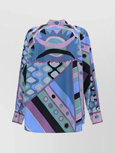 Pucci Geometric Print Silk Shirt In Gnawed Blue