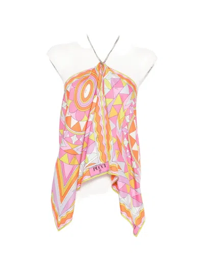 Pucci Geometric-print Chain-link Halterneck Top In Orange