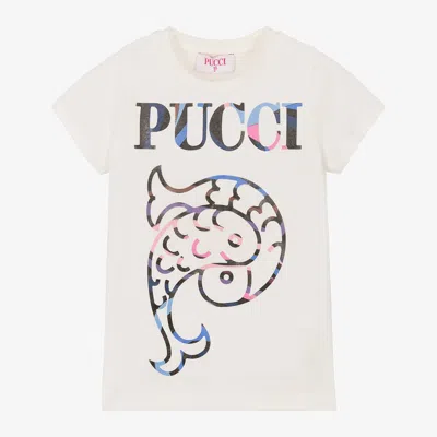 Pucci Babies'  Girls Ivory Cotton Onde T-shirt In Blue