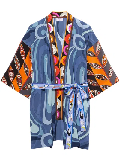 Pucci Graphic-print Silk Dressing Gown Minidress In Blue