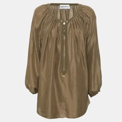 Pre-owned Pucci Green Micro Plaid Patterned Silk Blouse M