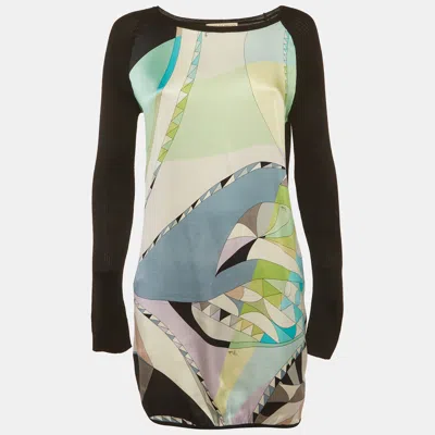 Pre-owned Pucci Green/black Printed Satin And Stretch Knit Mini Dress M