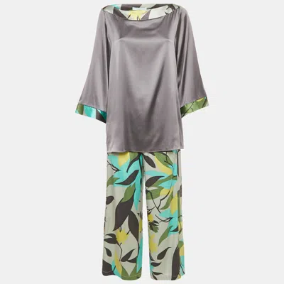 Pre-owned Pucci Grey/multicolor Printed Satin Silk Top And Pants Set M/s In Gray