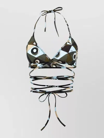 Pucci Halterneck Triangle Bikini Top Geometric Pattern In Green