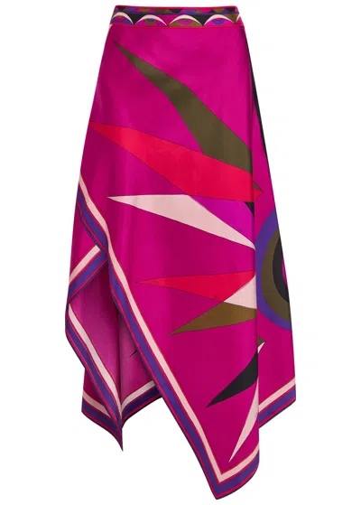 Pucci Hawaii Asymmetric Silk Midi Skirt In Multi