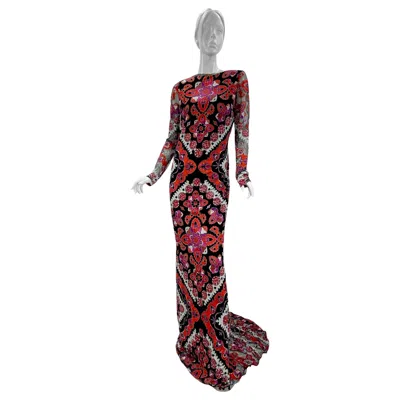 Pre-owned Pucci Iconic Emilio  Multicolor Printed Devore Long Dress Gown Italian 42 - Us 6 In Black
