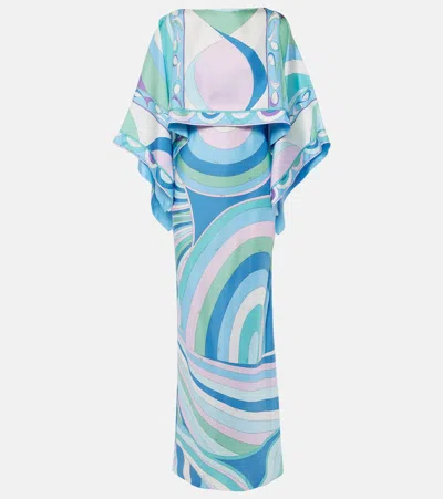 Pucci Iride And Pesci Silk Twill Gown In Blue