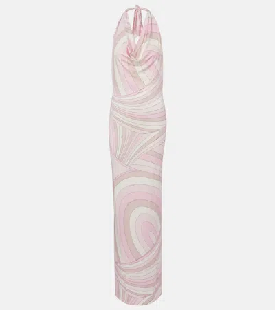 Pucci Iride Halterneck Satin Jersey Maxi Dress In Pink