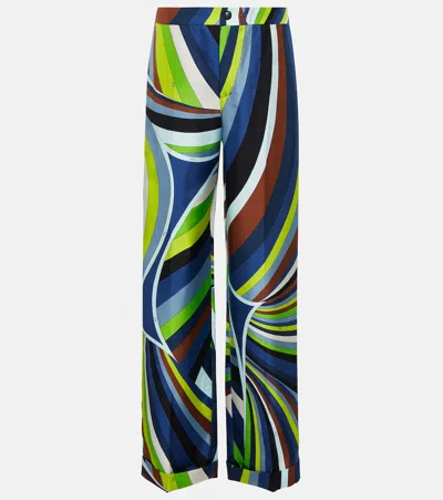 Pucci Printed Silk Straight-leg Pants In Blue