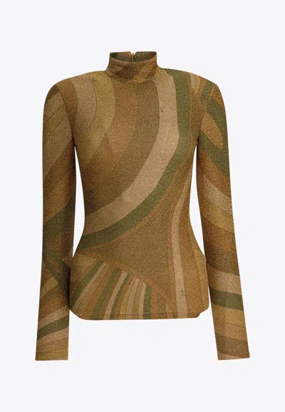 Pucci Iride Print Mock-neck Top In Gold