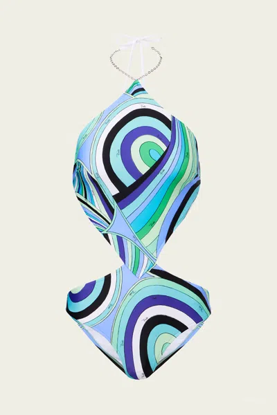 Pucci Iride-print One-piece Swimsuit In Verde Lilla In Blue