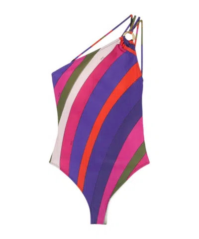 Pucci Iride Print One-shoulder Swimsuit In Blue