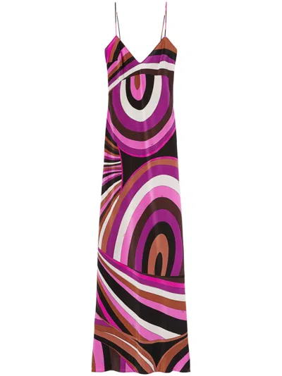Pucci Printed Crepe De Chine Long Dress In Purple