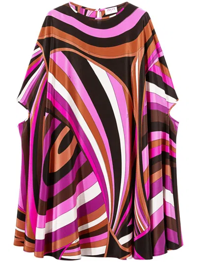 Pucci Silk Iride Print Kaftan Mini Dress In Fuxia/marrone