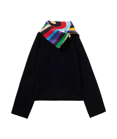 Pucci Silk-satin Trimmed Wool-blend Fleece Half-zip Sweater In Black