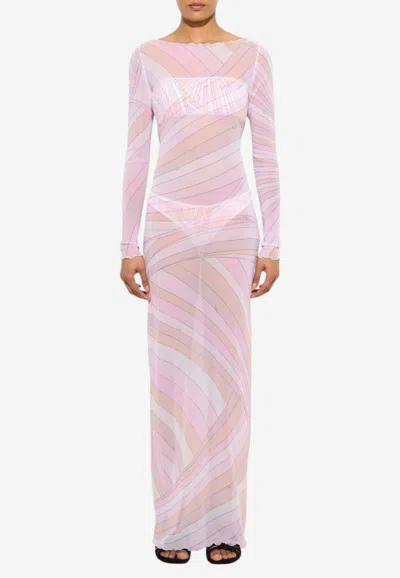 Pucci Iride Print Tulle Maxi Dress In White