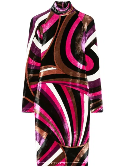 Pucci Iride-print Velvet Mini Dress In Fuxia/marrone