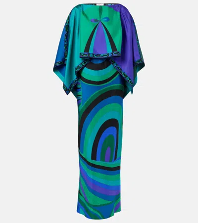 Pucci Layered Printed Silk-twill Maxi Dress In Blue
