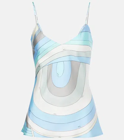 Pucci Printed Silk Twill Top In Blue/grey