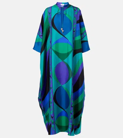 Pucci Embellished Printed Silk-twill Kaftan In Blue