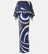 Pucci Iride Silk Twill Slip Dress And Cape In Blue