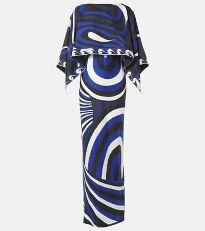 Pucci Iride Silk Twill Slip Dress And Cape In Blue
