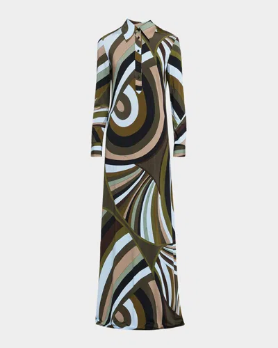 Pucci Iride-print Jersey Long-sleeve Maxi Shirtdress In Multi