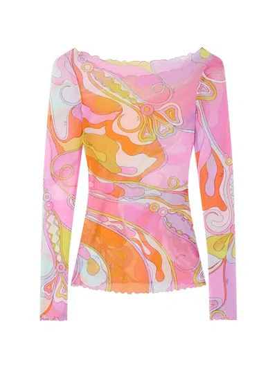 Pucci Iride-print Mesh Long-sleeve Top In Pink